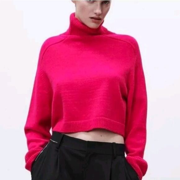 Zara Crop Sweater Sz S Pink Fuschia High Neck Turtleneck Cropped Pullover - Picture 12 of 12